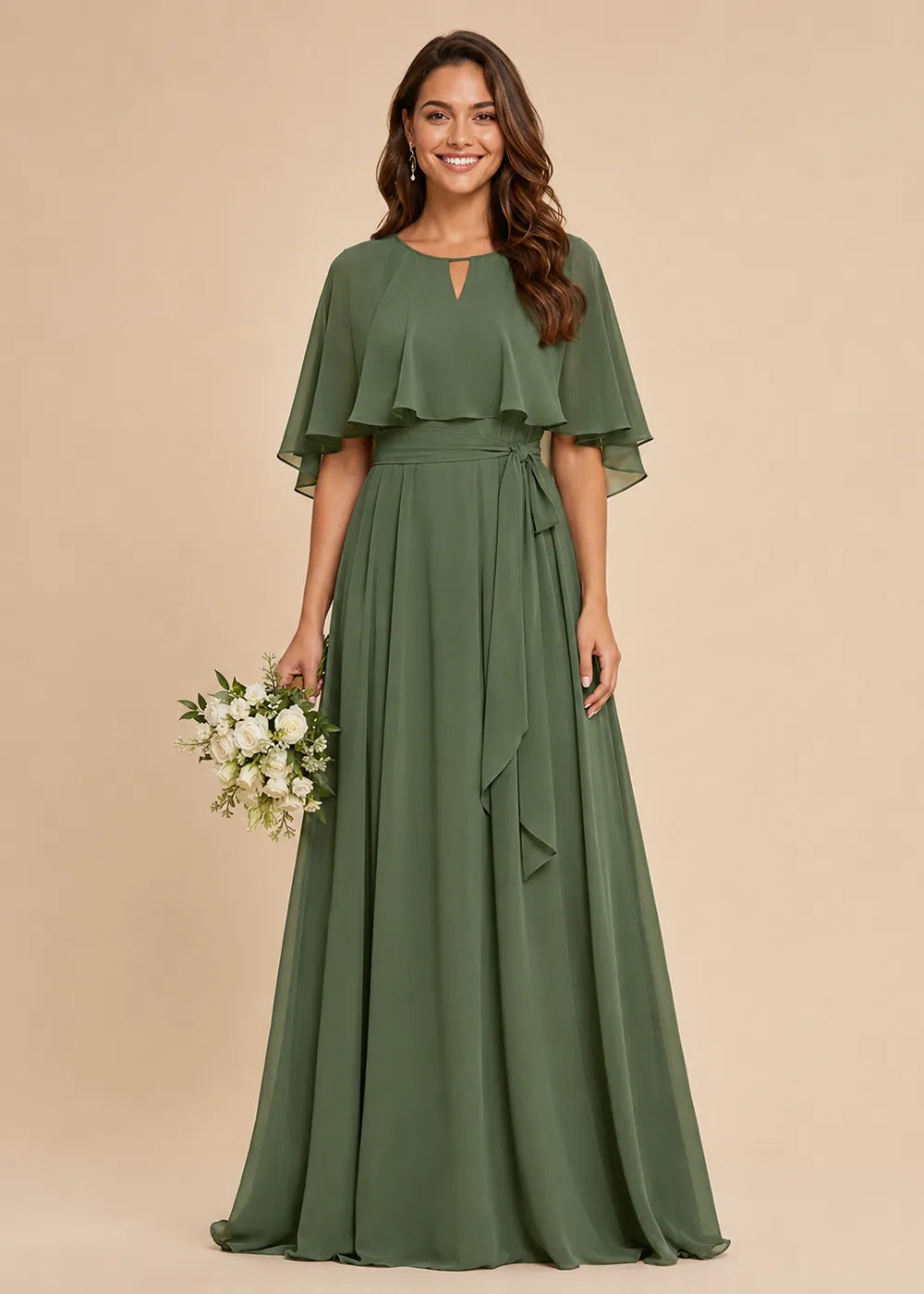 Refined Waist-Tie Chiffon Floor-Length Formal Dress