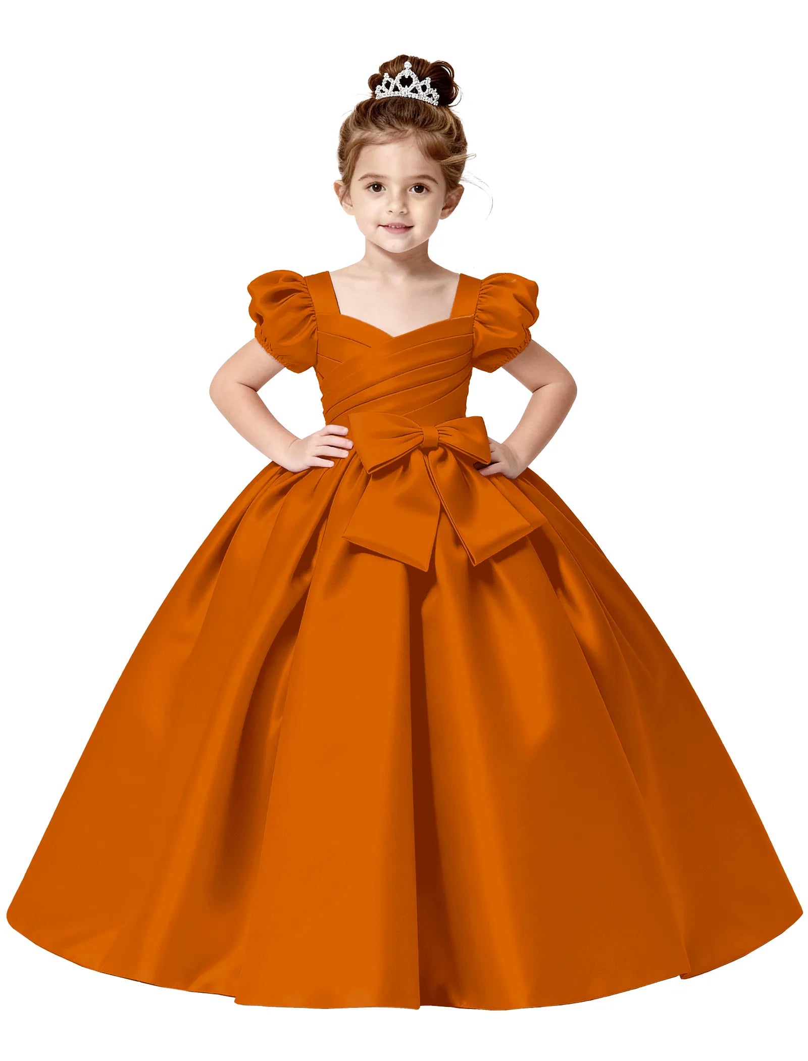 Royal Satin Puff Sleeve Flower Girl Gown