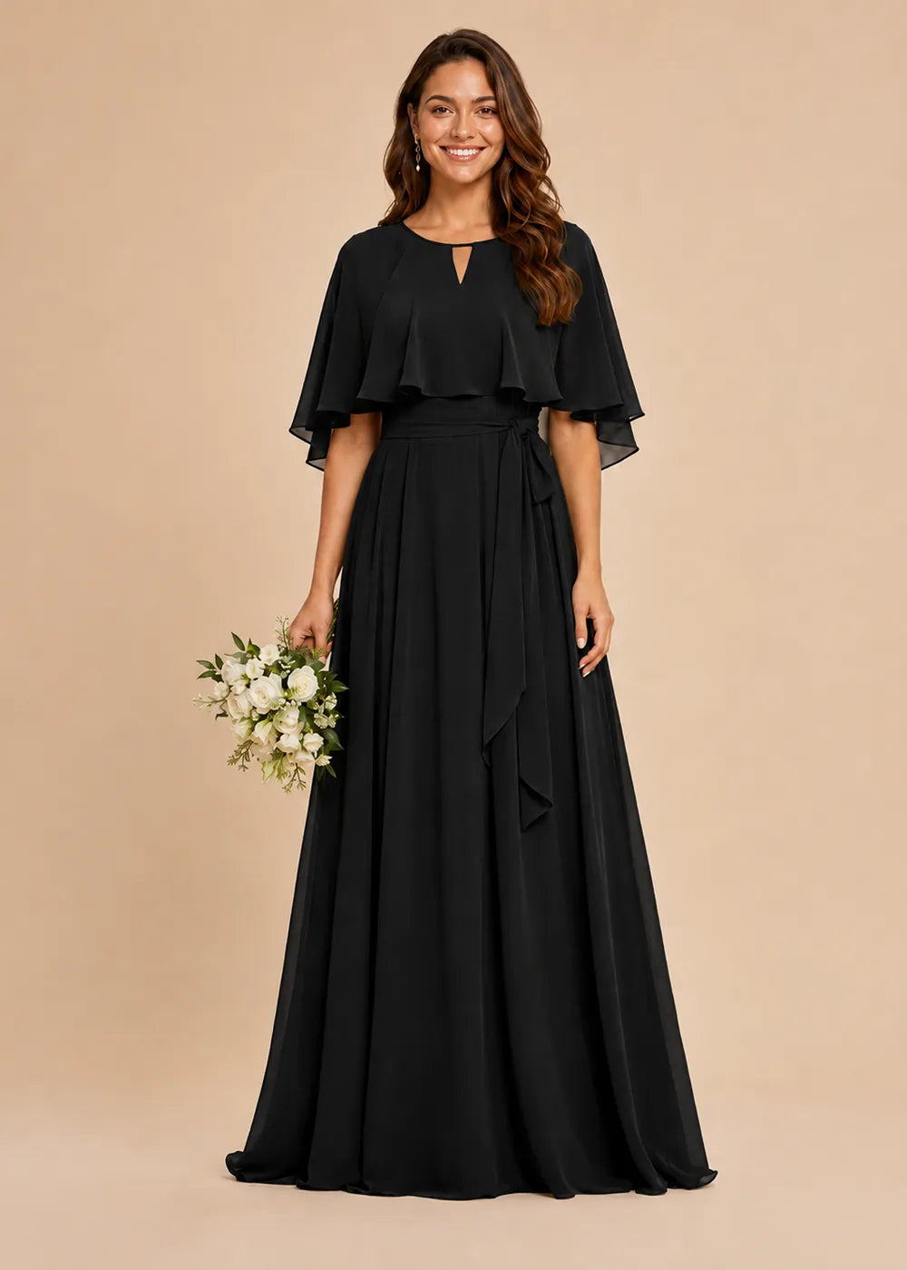 Refined Waist-Tie Chiffon Floor-Length Formal Dress