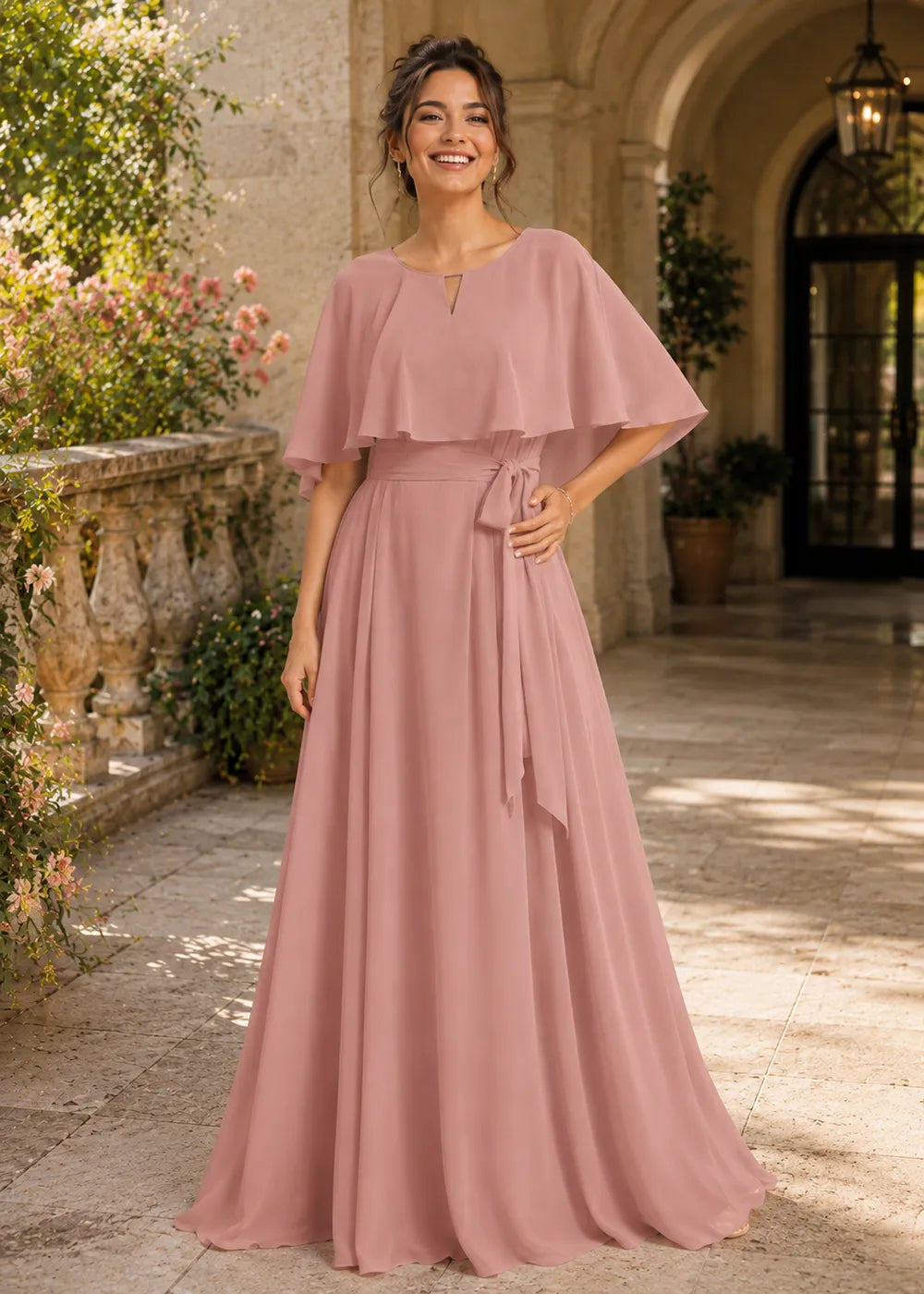 Refined Waist-Tie Chiffon Floor-Length Formal Dress