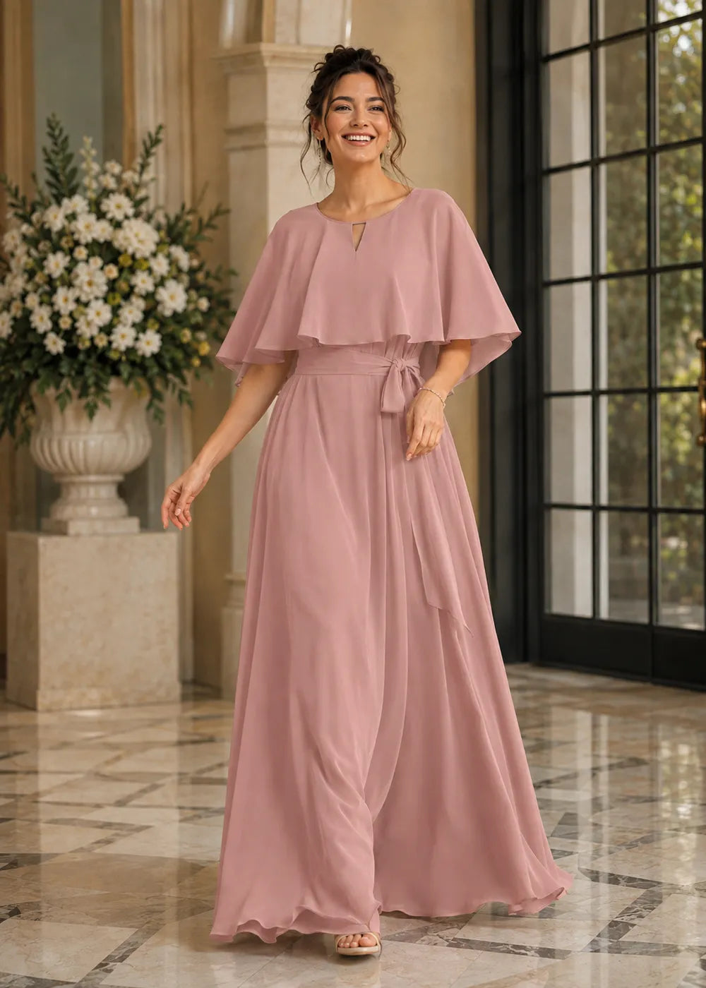 Refined Waist-Tie Chiffon Floor-Length Formal Dress