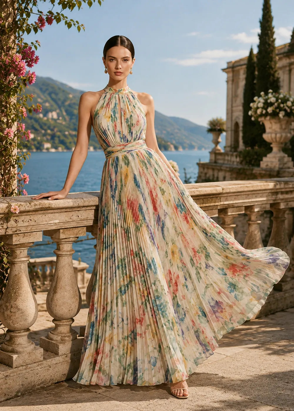 Floral Pleated Halter Neck Chiffon Maxi Dress