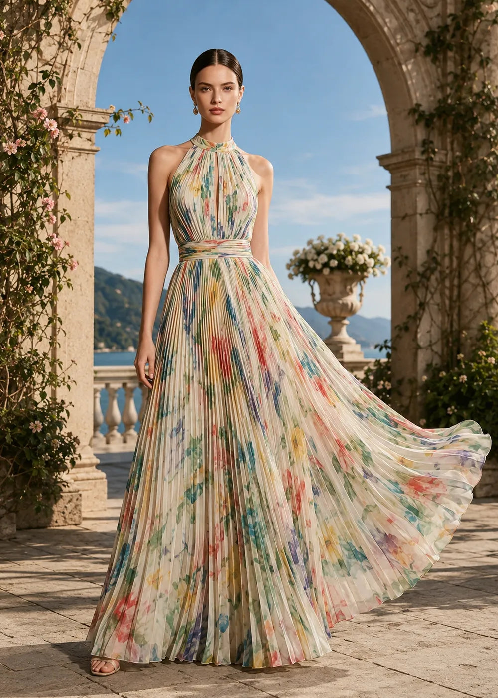 Floral Pleated Halter Neck Chiffon Maxi Dress