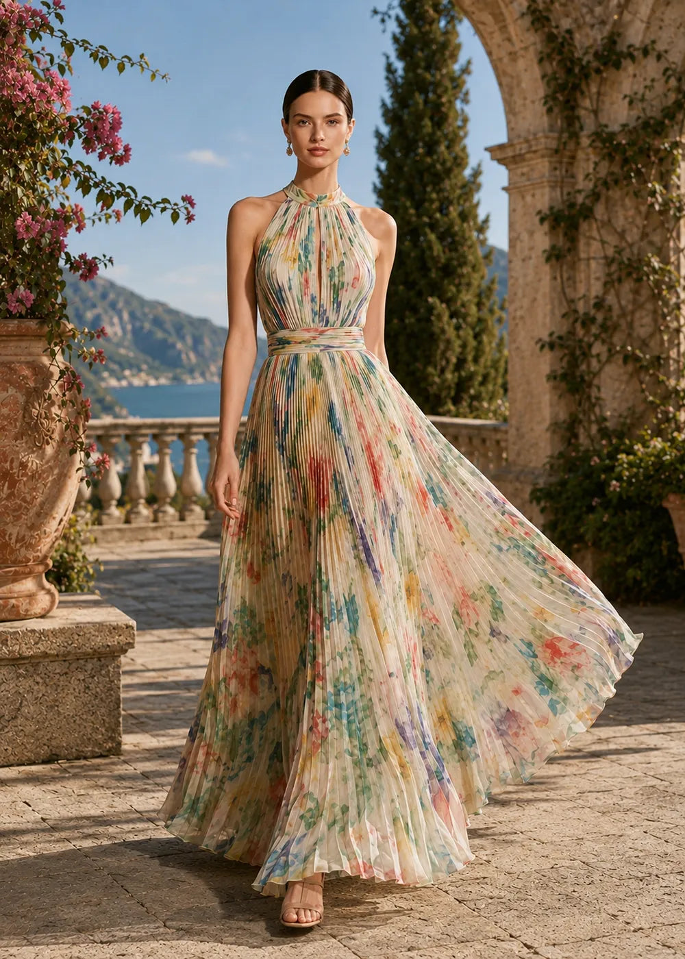 Floral Pleated Halter Neck Chiffon Maxi Dress