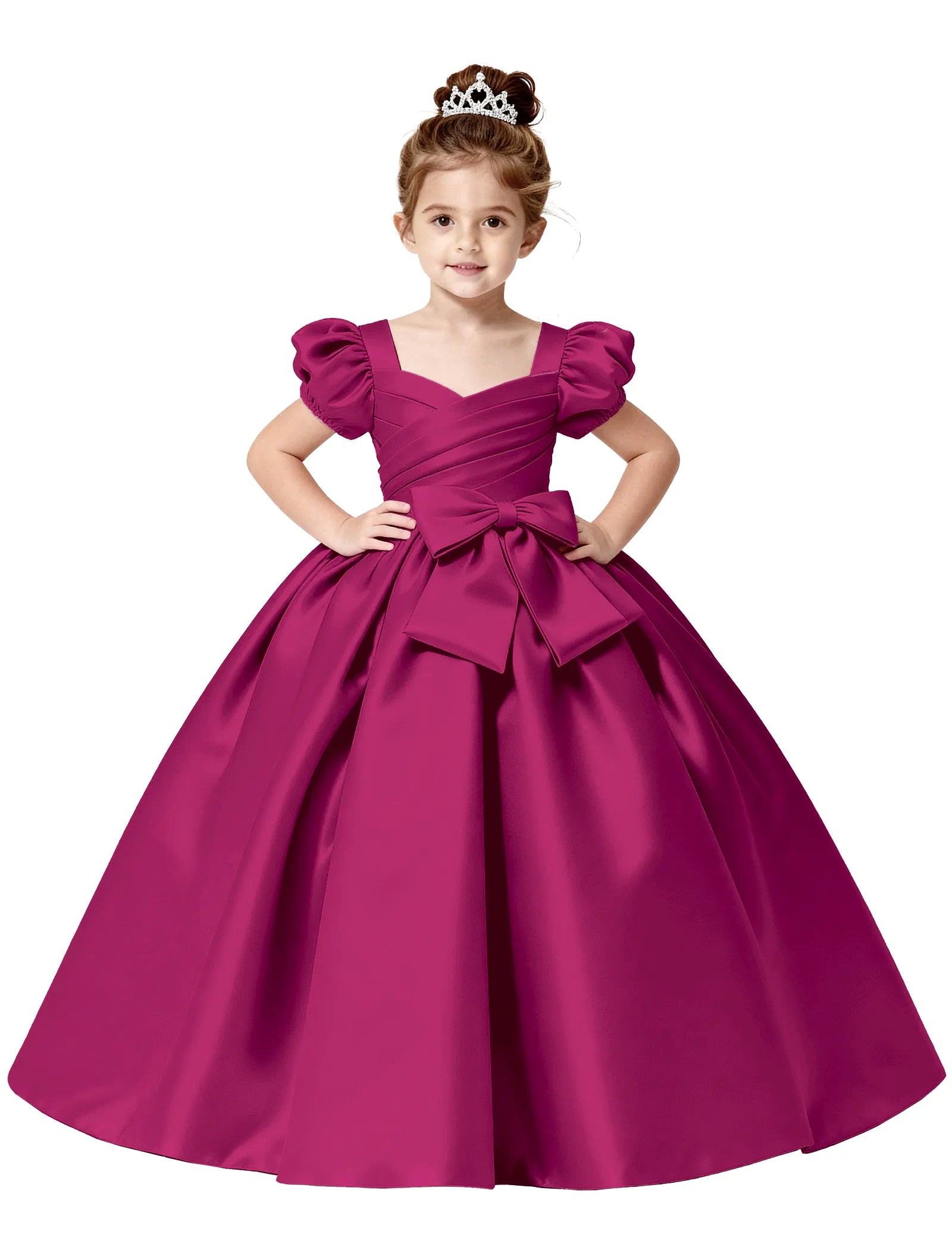 Royal Satin Puff Sleeve Flower Girl Gown