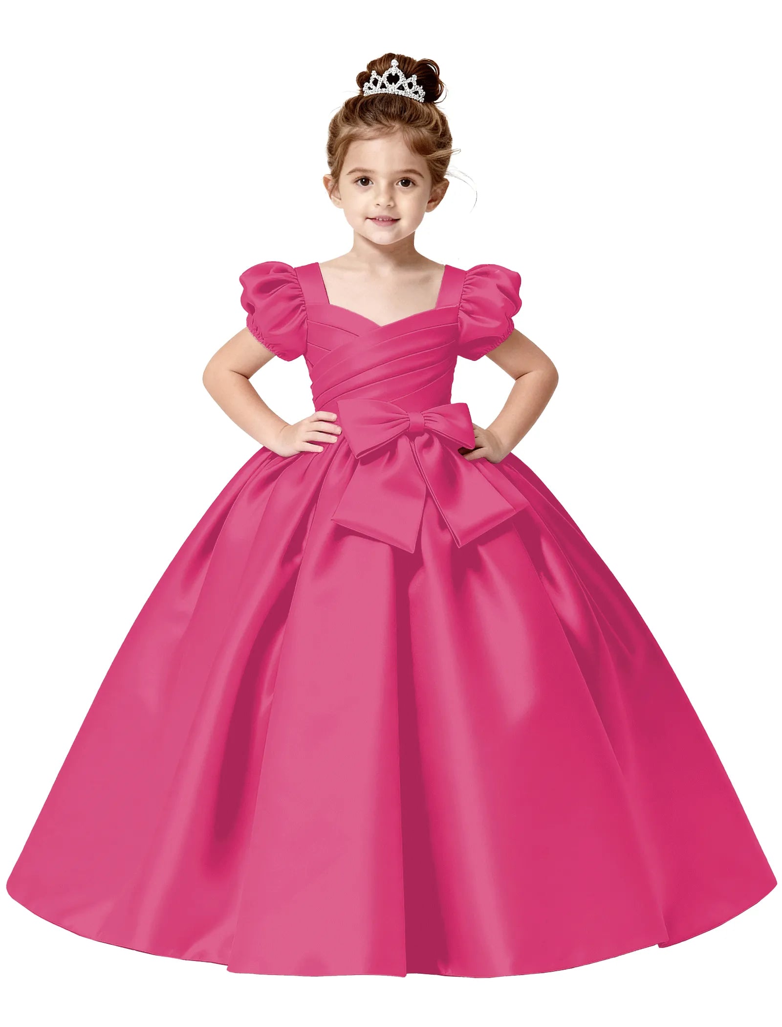 Royal Satin Puff Sleeve Flower Girl Gown