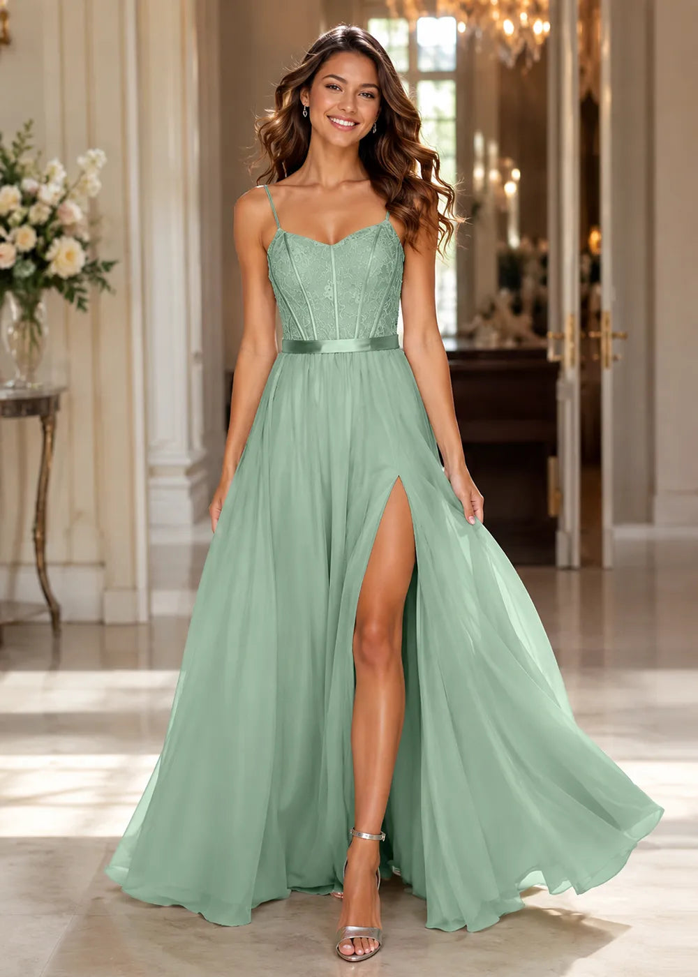 Lace Corset High-Slit A-Line Gown