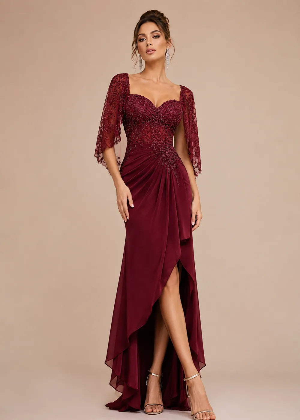 Lace Cape-Sleeve Sweetheart Formal Dress
