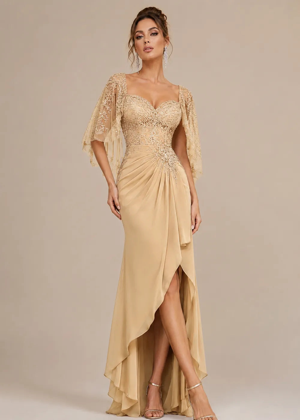Lace Cape-Sleeve Sweetheart Formal Dress