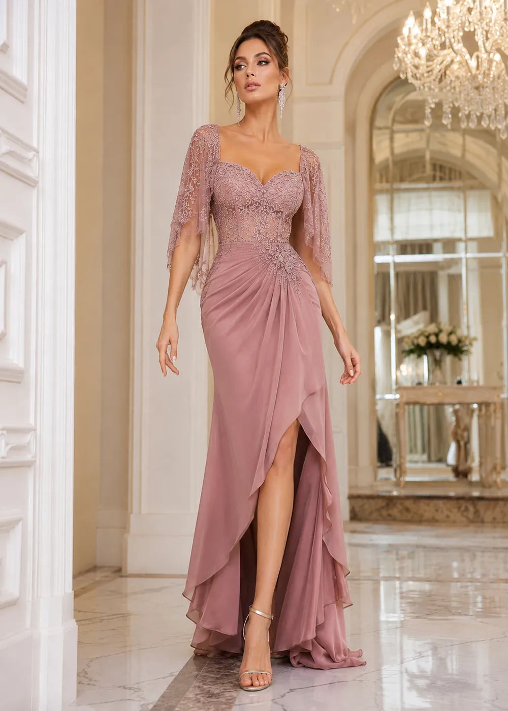 Lace Cape-Sleeve Sweetheart Formal Dress