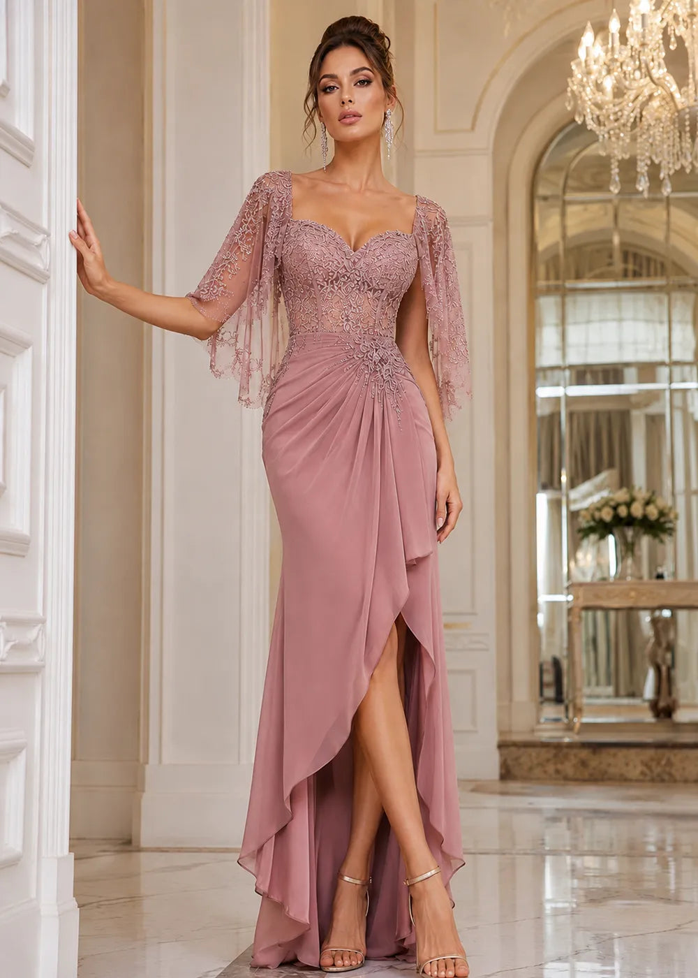 Lace Cape-Sleeve Sweetheart Formal Dress
