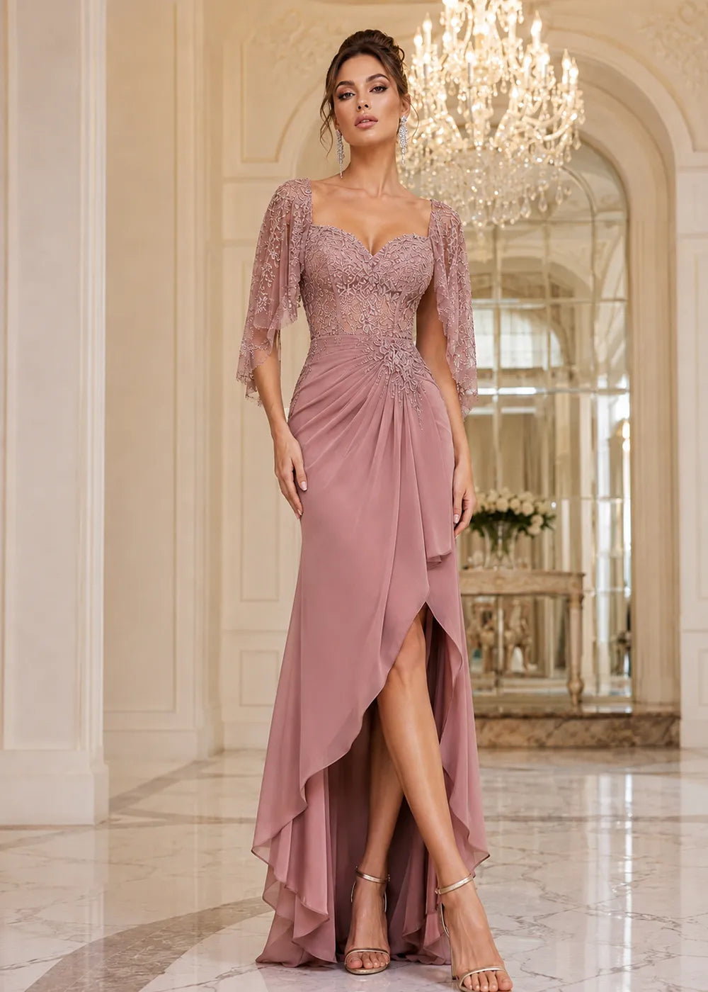 Lace Cape-Sleeve Sweetheart Formal Dress