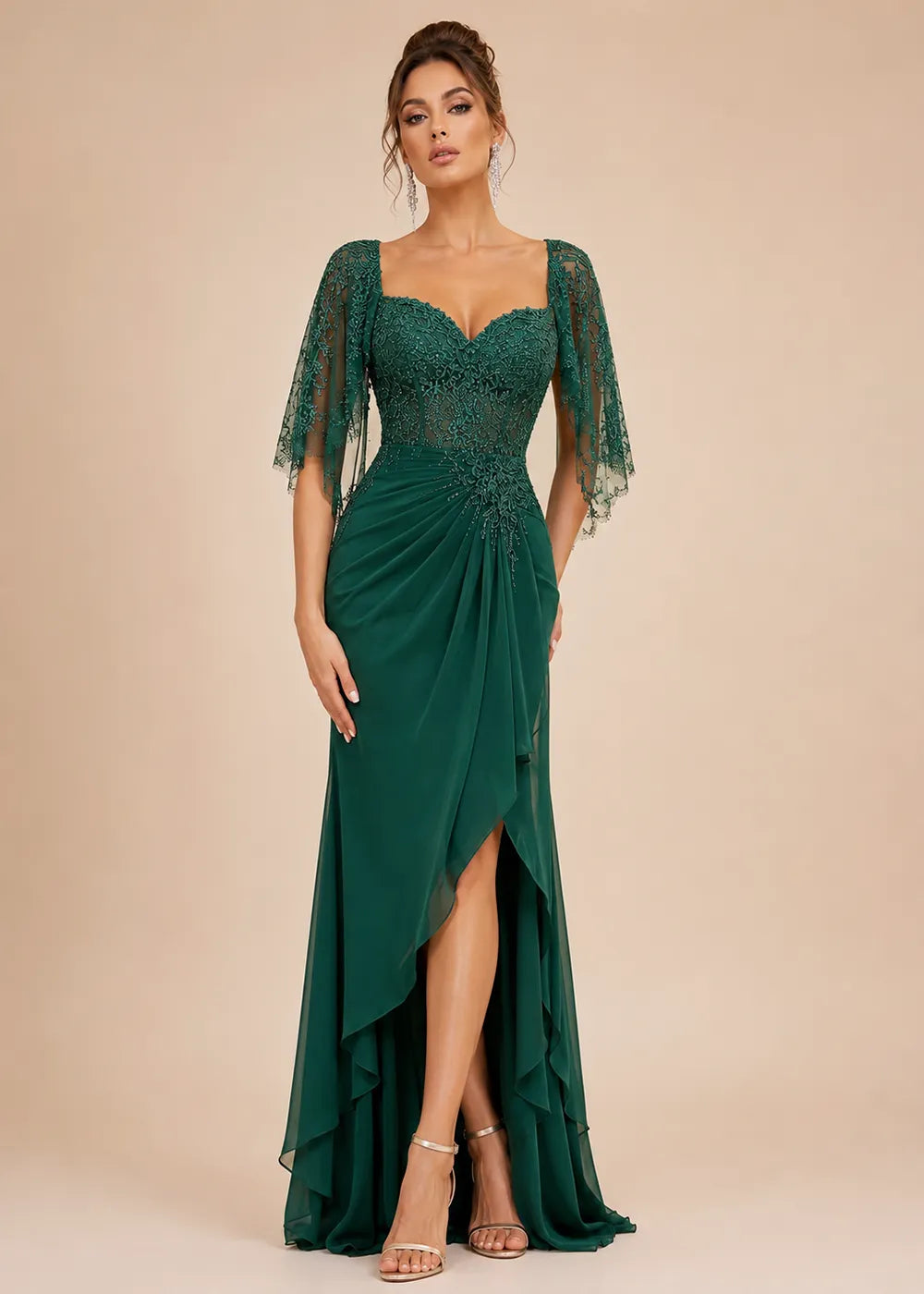 Lace Cape-Sleeve Sweetheart Formal Dress
