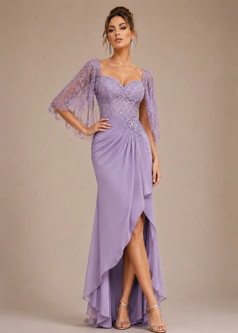 Lace Cape-Sleeve Sweetheart Formal Dress