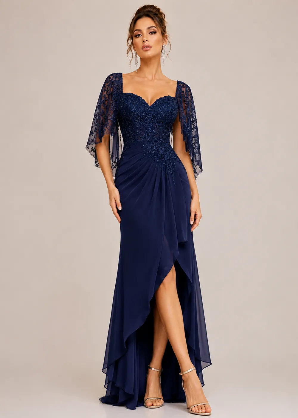 Lace Cape-Sleeve Sweetheart Formal Dress
