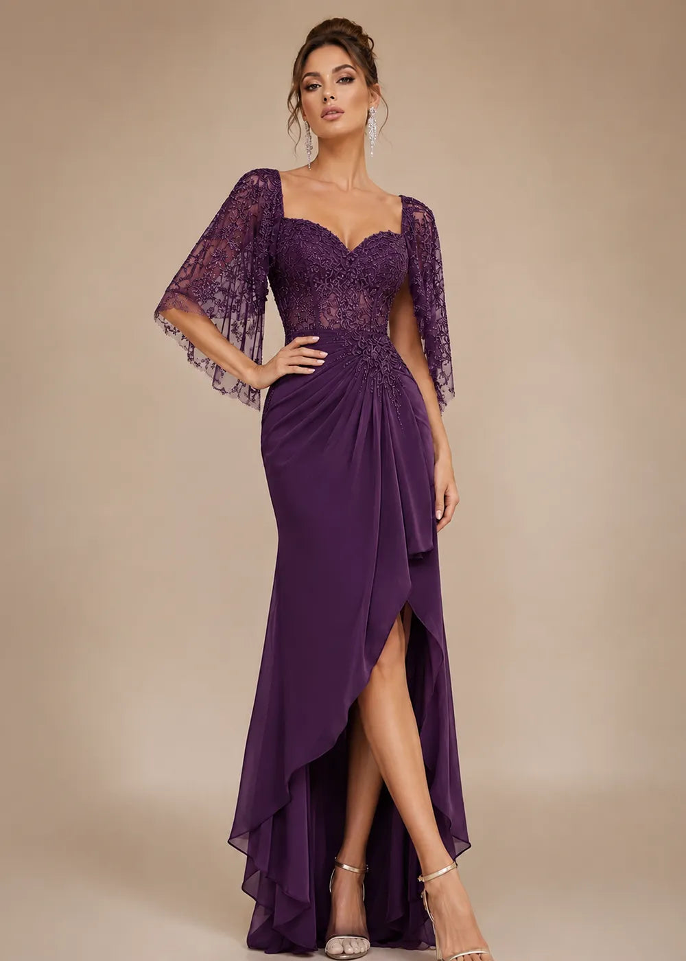 Lace Cape-Sleeve Sweetheart Formal Dress