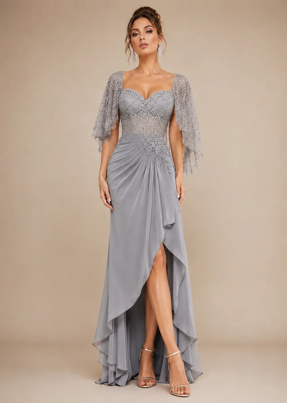 Lace Cape-Sleeve Sweetheart Formal Dress