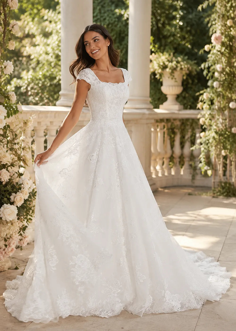 Square-Neck Lace A-Line Wedding Dress