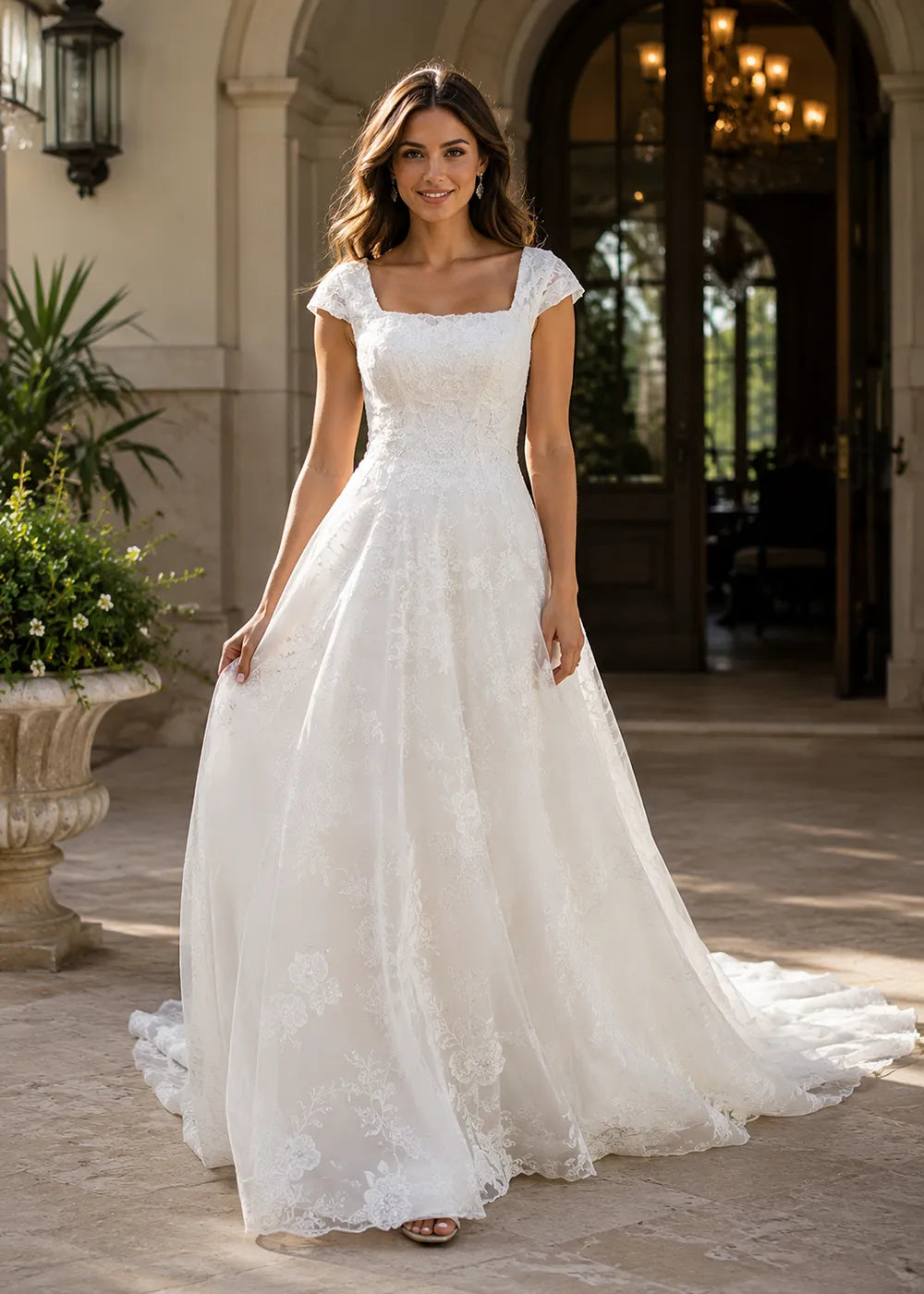 Square-Neck Lace A-Line Wedding Dress