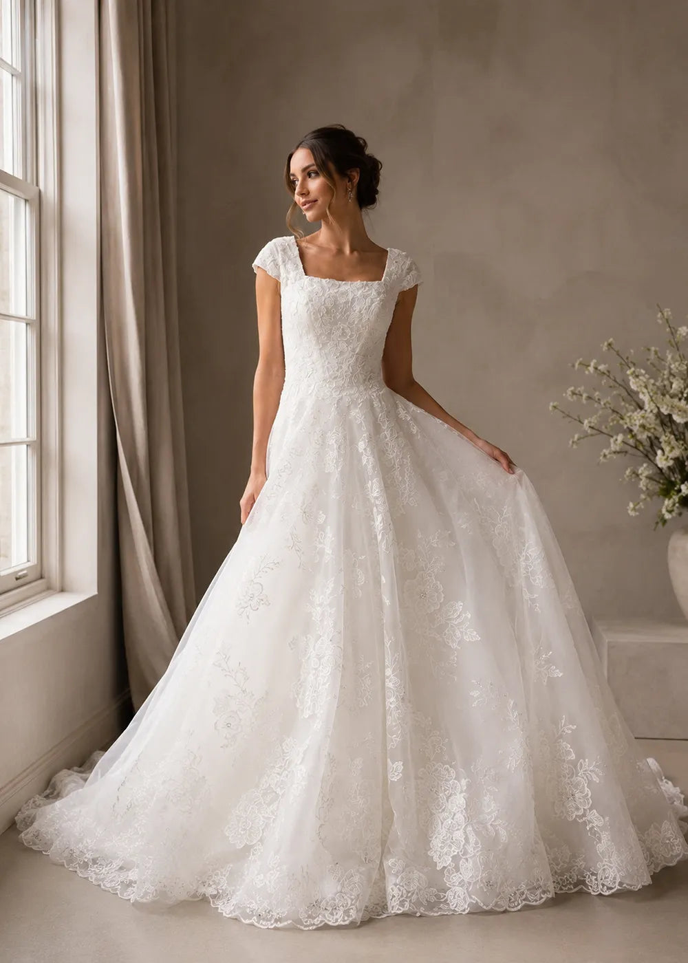 Square-Neck Lace A-Line Wedding Dress