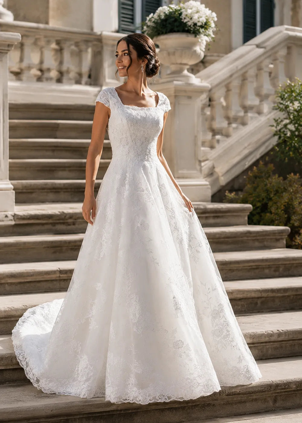 Square-Neck Lace A-Line Wedding Dress