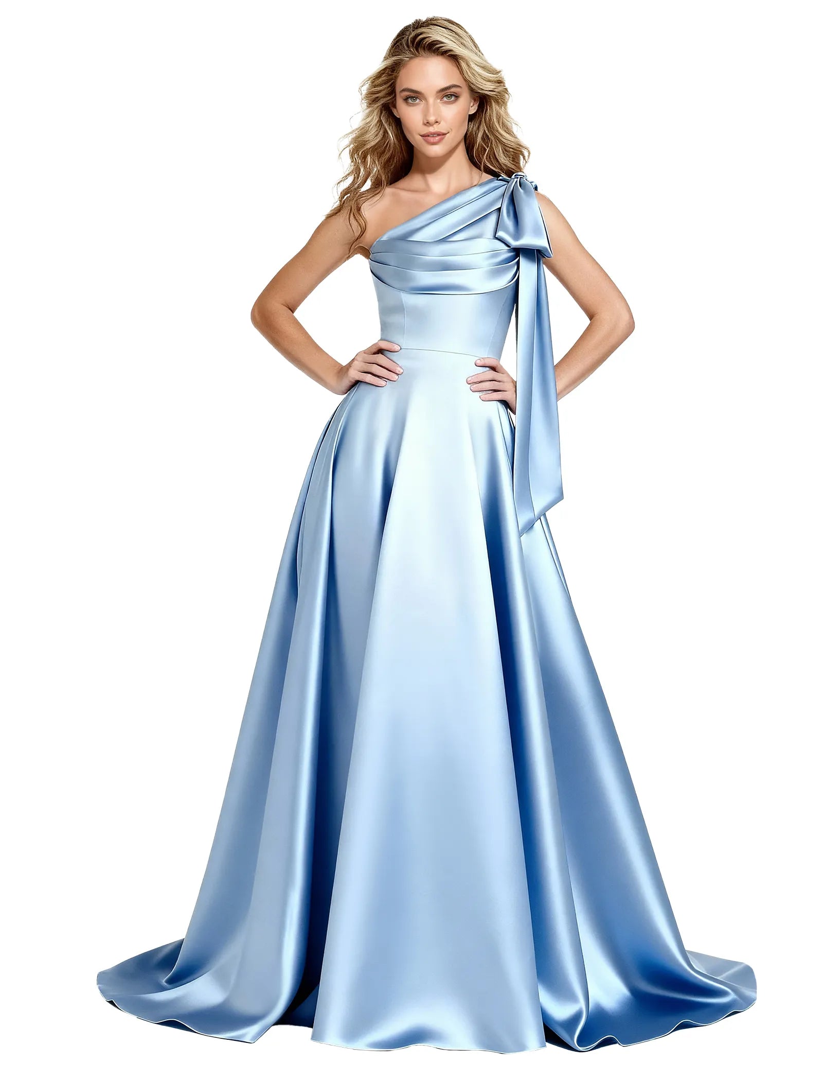 One Shoulder Satin Formal Dress with Bow Back