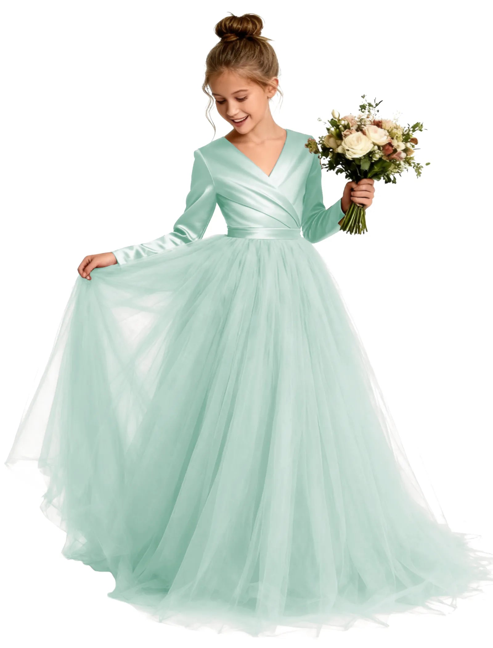 Long Sleeve Satin & Tulle Ball Gown for Girls