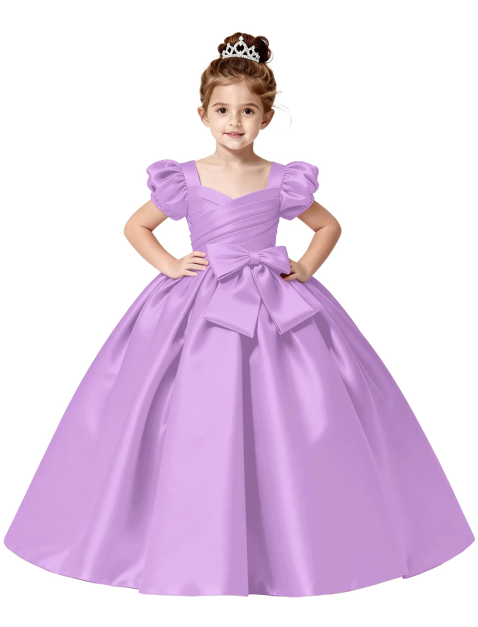 Royal Satin Puff Sleeve Flower Girl Gown