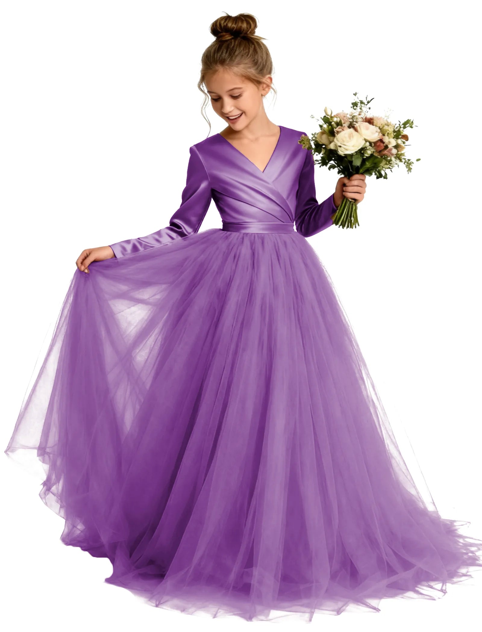 Long Sleeve Satin & Tulle Ball Gown for Girls