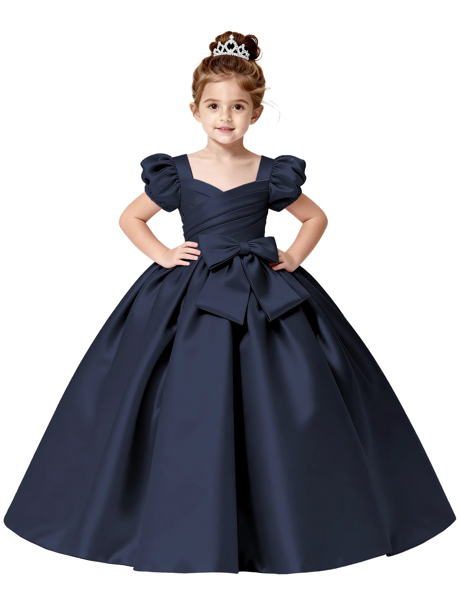 Royal Satin Puff Sleeve Flower Girl Gown