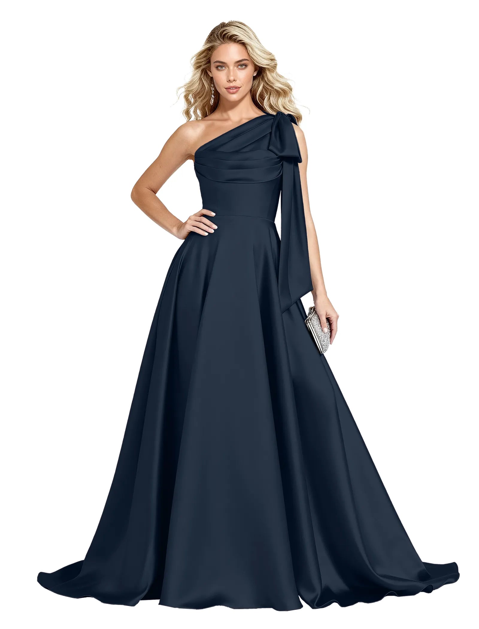 One Shoulder Satin Formal Dress with Bow Back