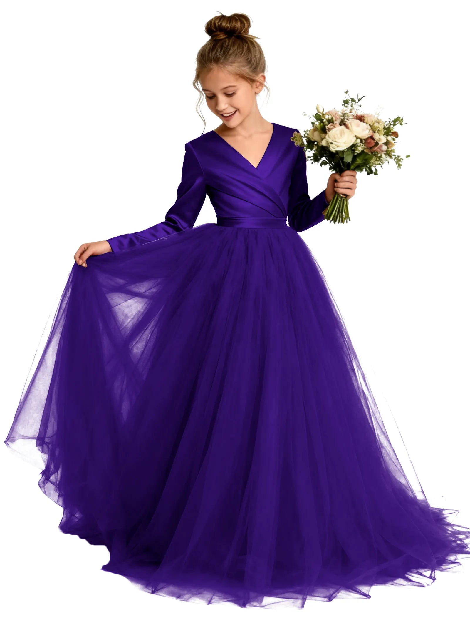 Long Sleeve Satin & Tulle Ball Gown for Girls