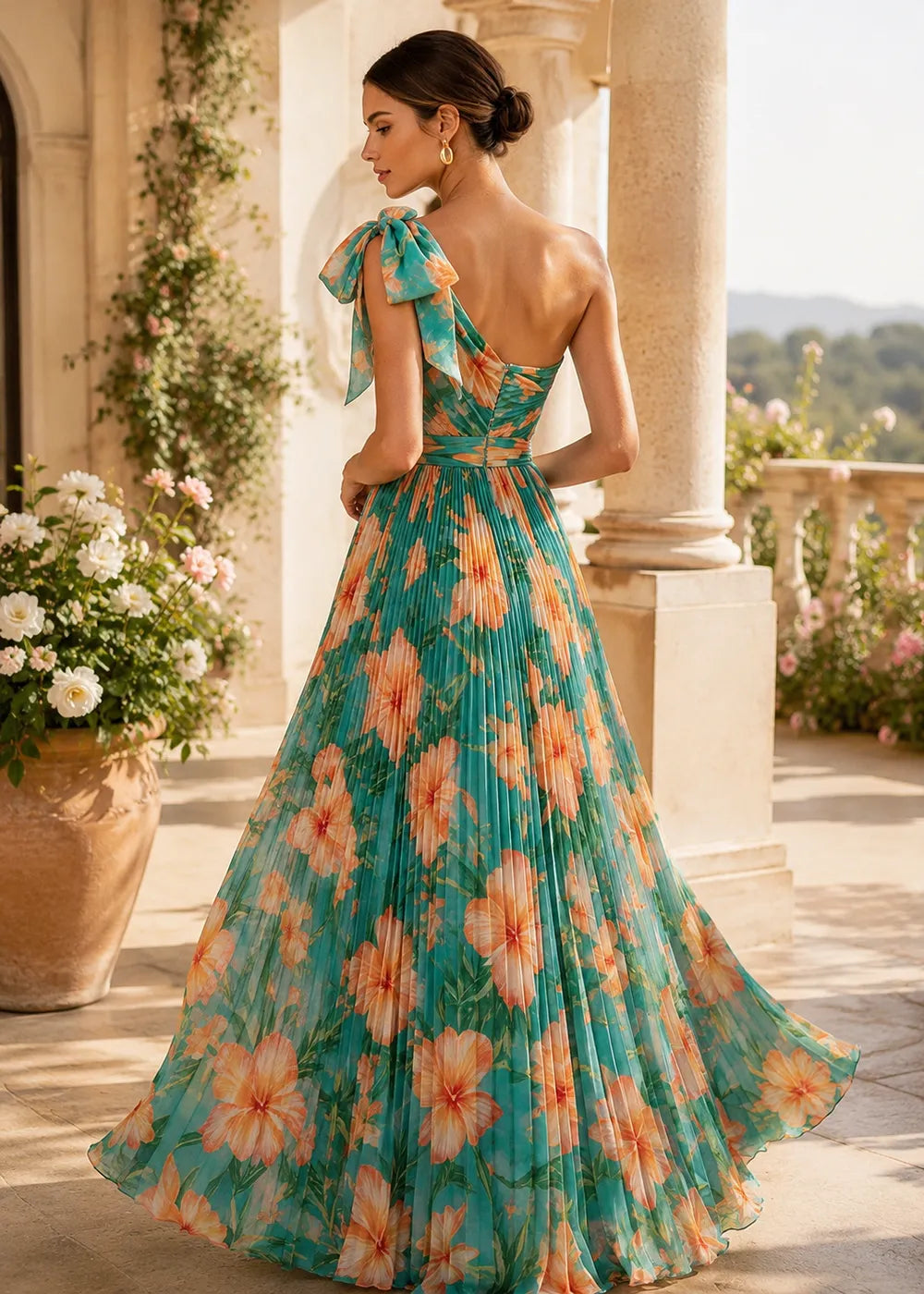 Sculptural Bow One-Shoulder Pleated Gown