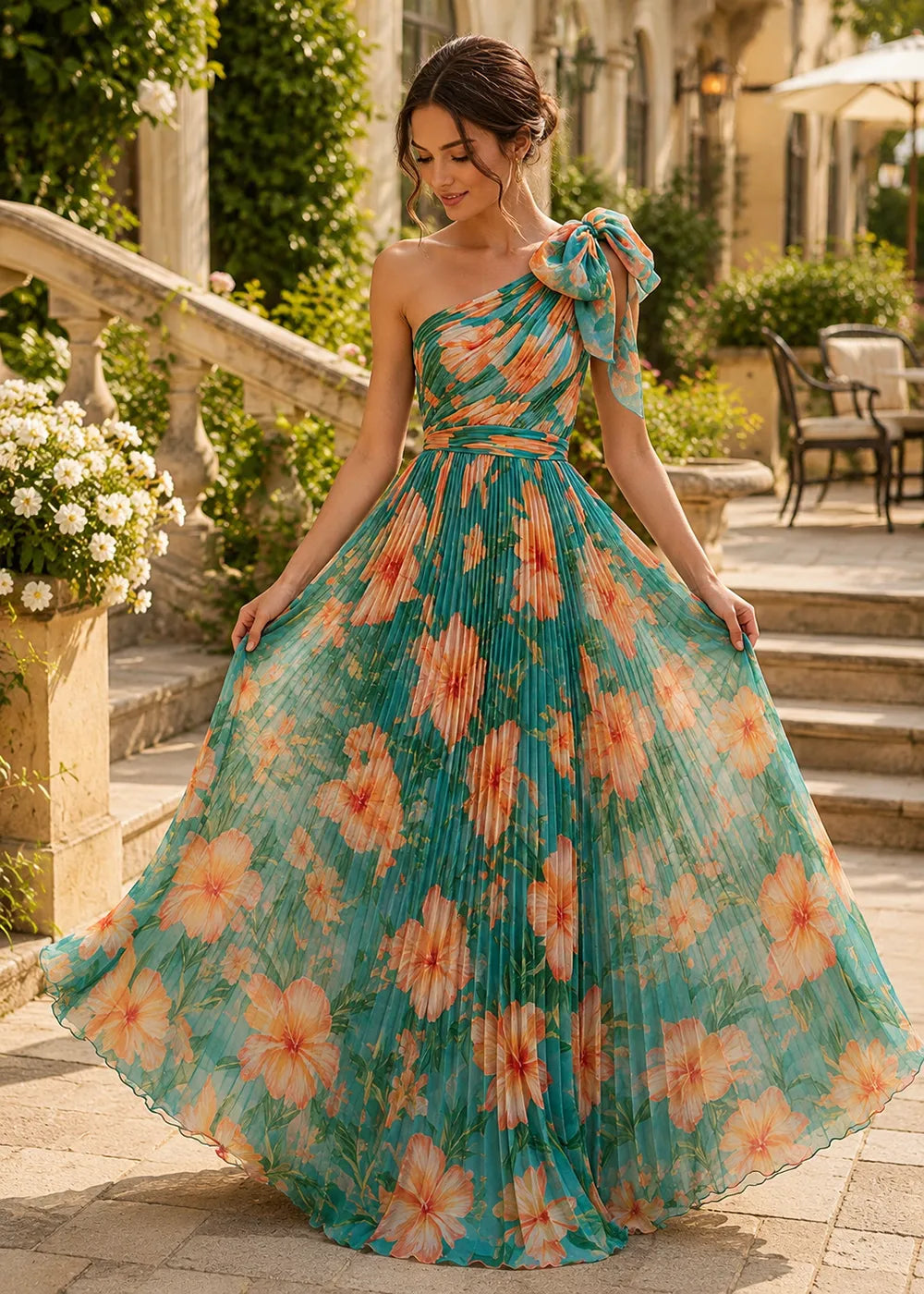Sculptural Bow One-Shoulder Pleated Gown