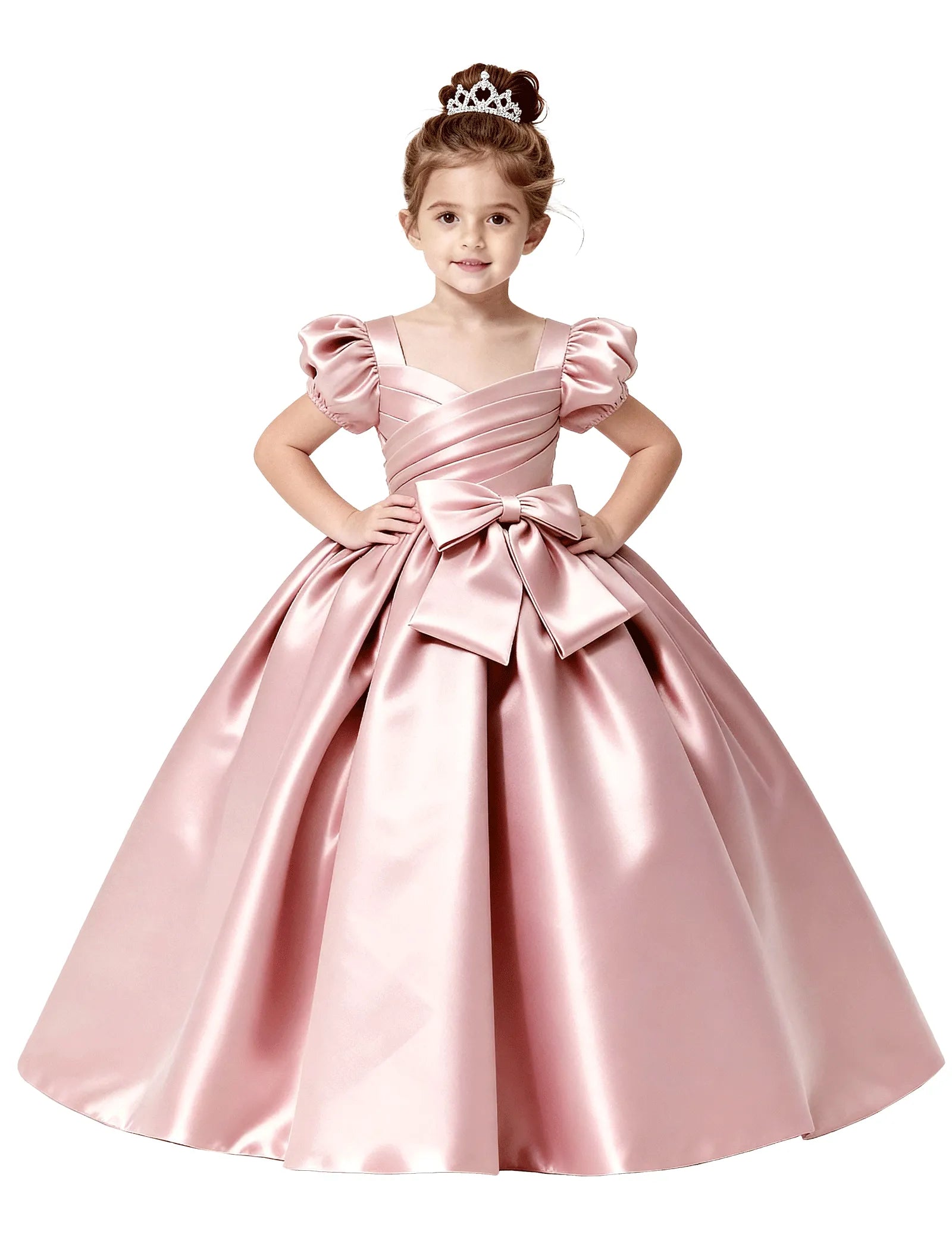 Royal Satin Puff Sleeve Flower Girl Gown