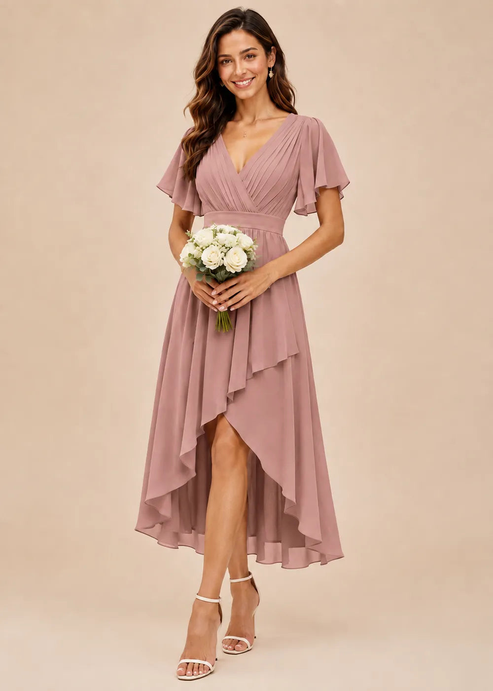 Flutter Sleeve A-Line Chiffon Midi Dress