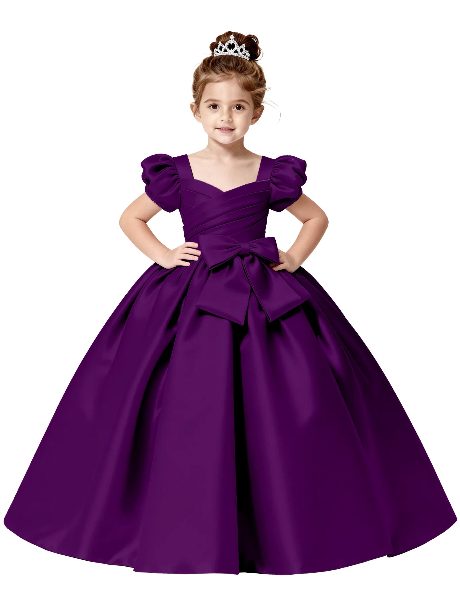 Royal Satin Puff Sleeve Flower Girl Gown
