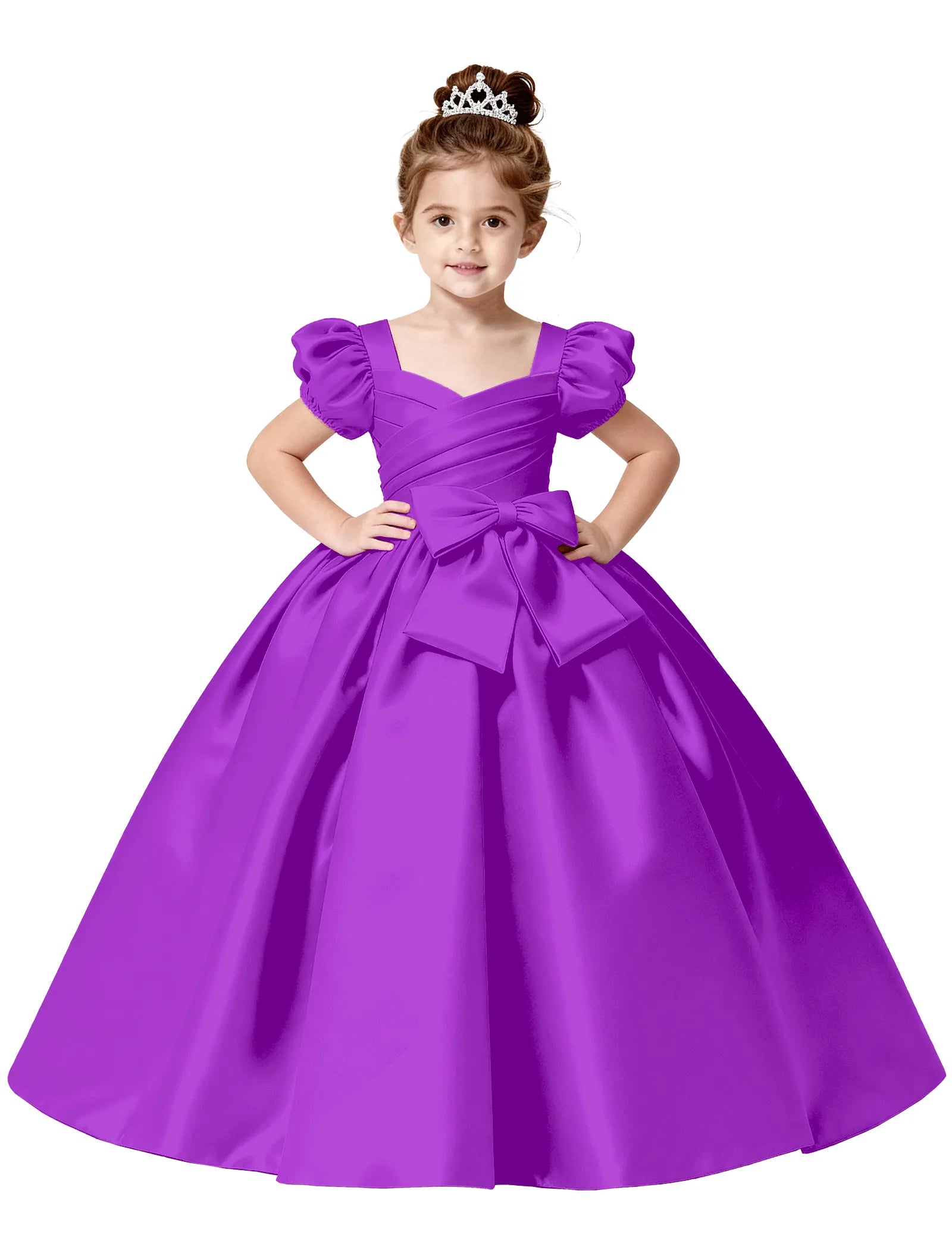 Royal Satin Puff Sleeve Flower Girl Gown