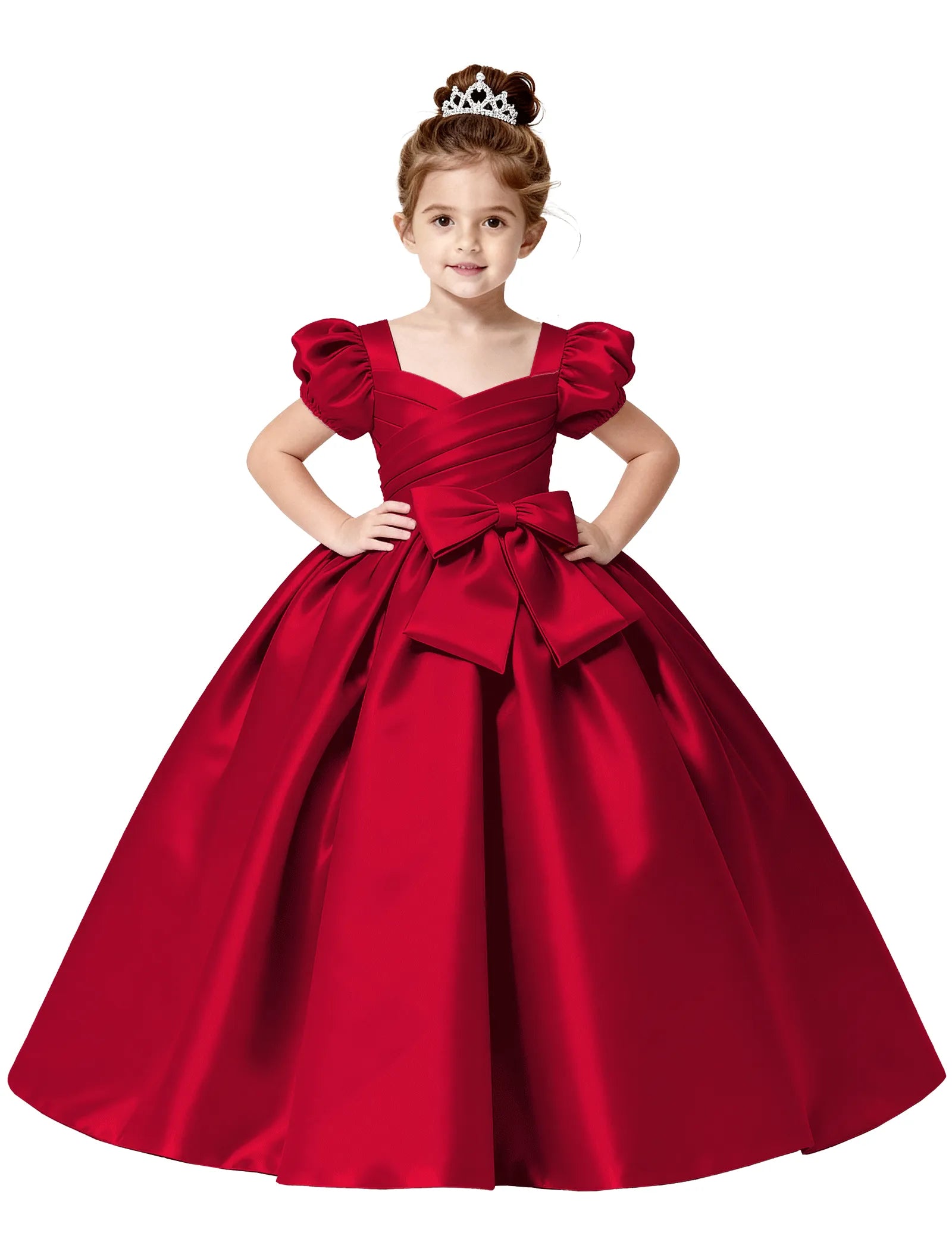 Royal Satin Puff Sleeve Flower Girl Gown