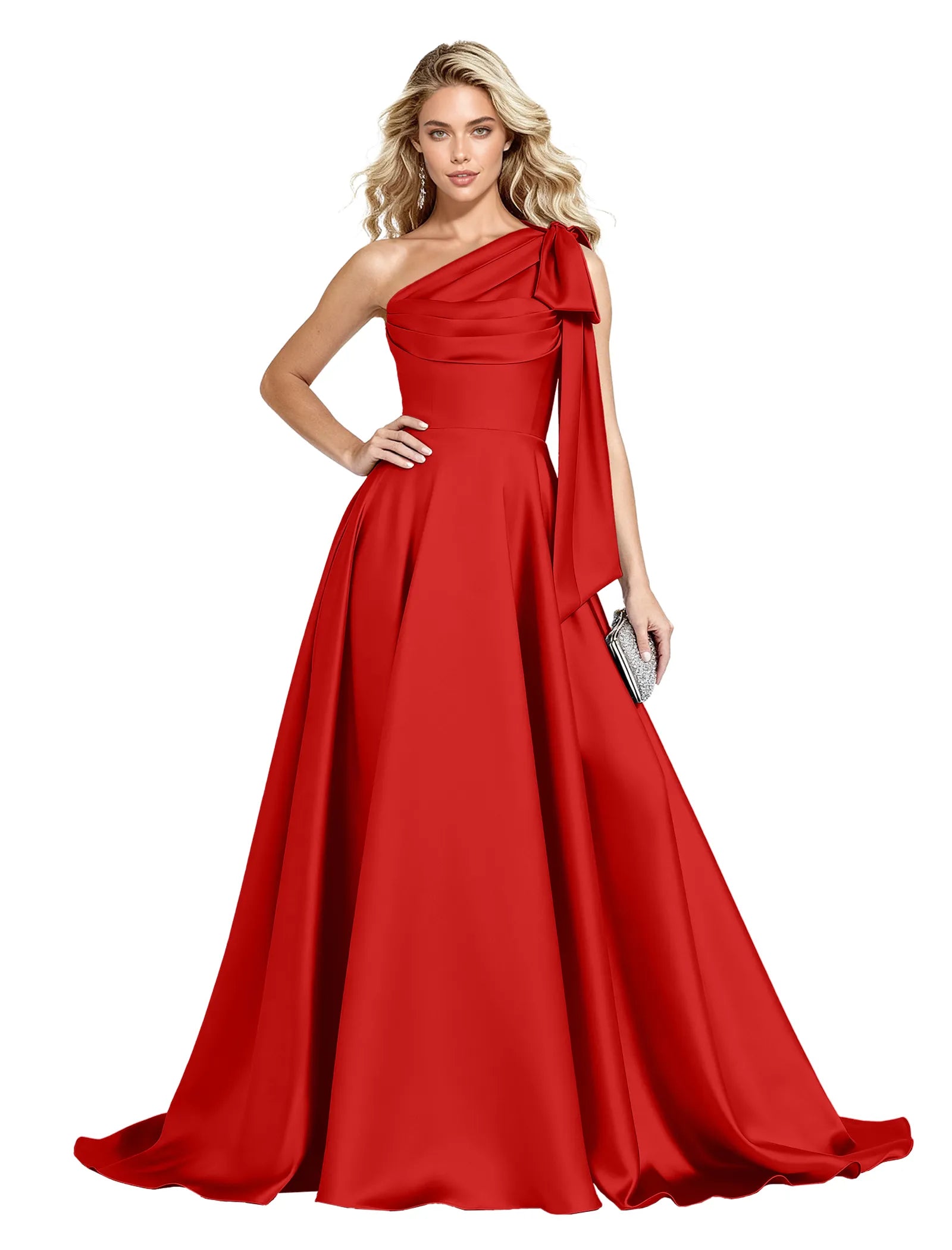 One Shoulder Satin Formal Dress with Bow Back