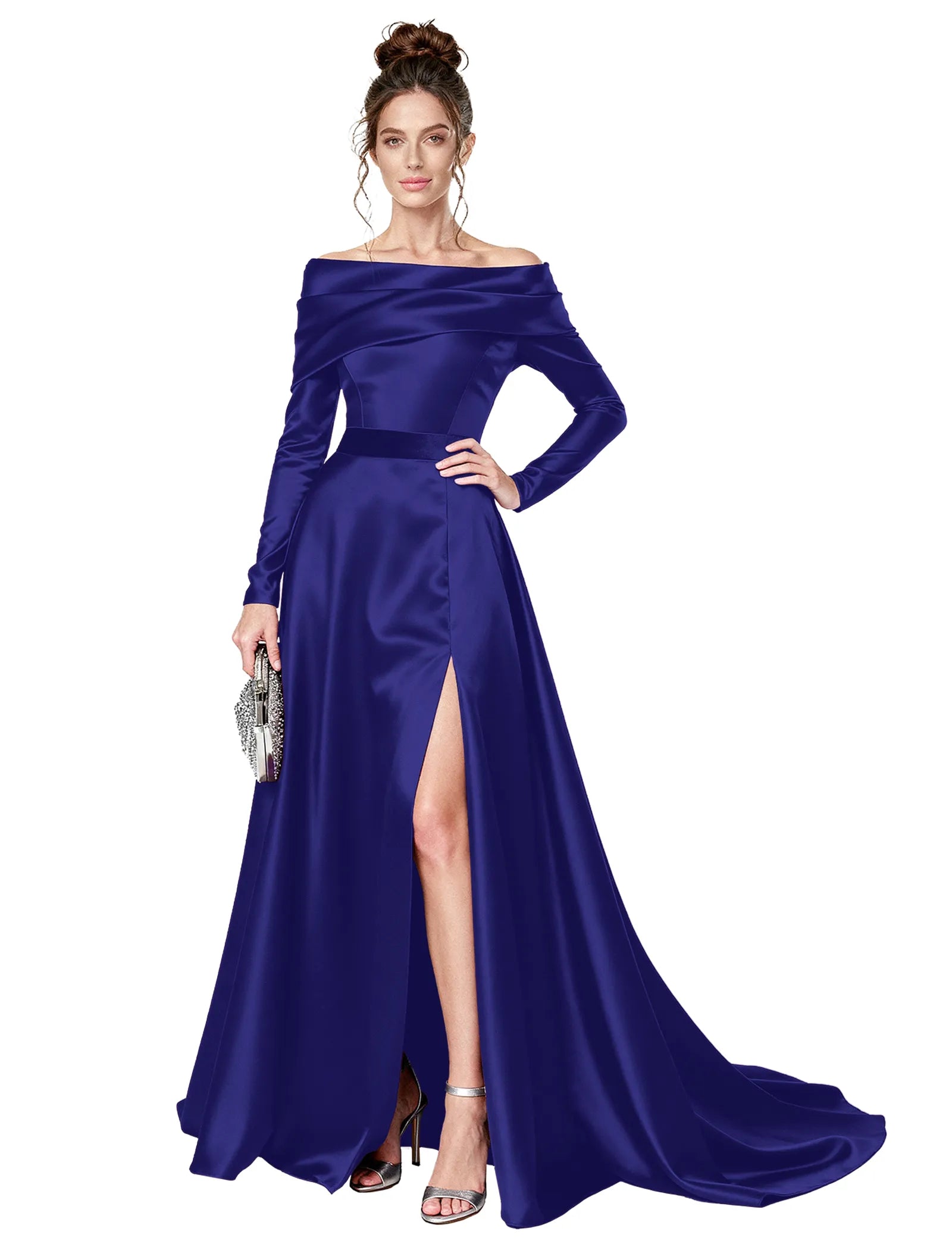 Off Shoulder Satin Formal Dress with Long Sleeves