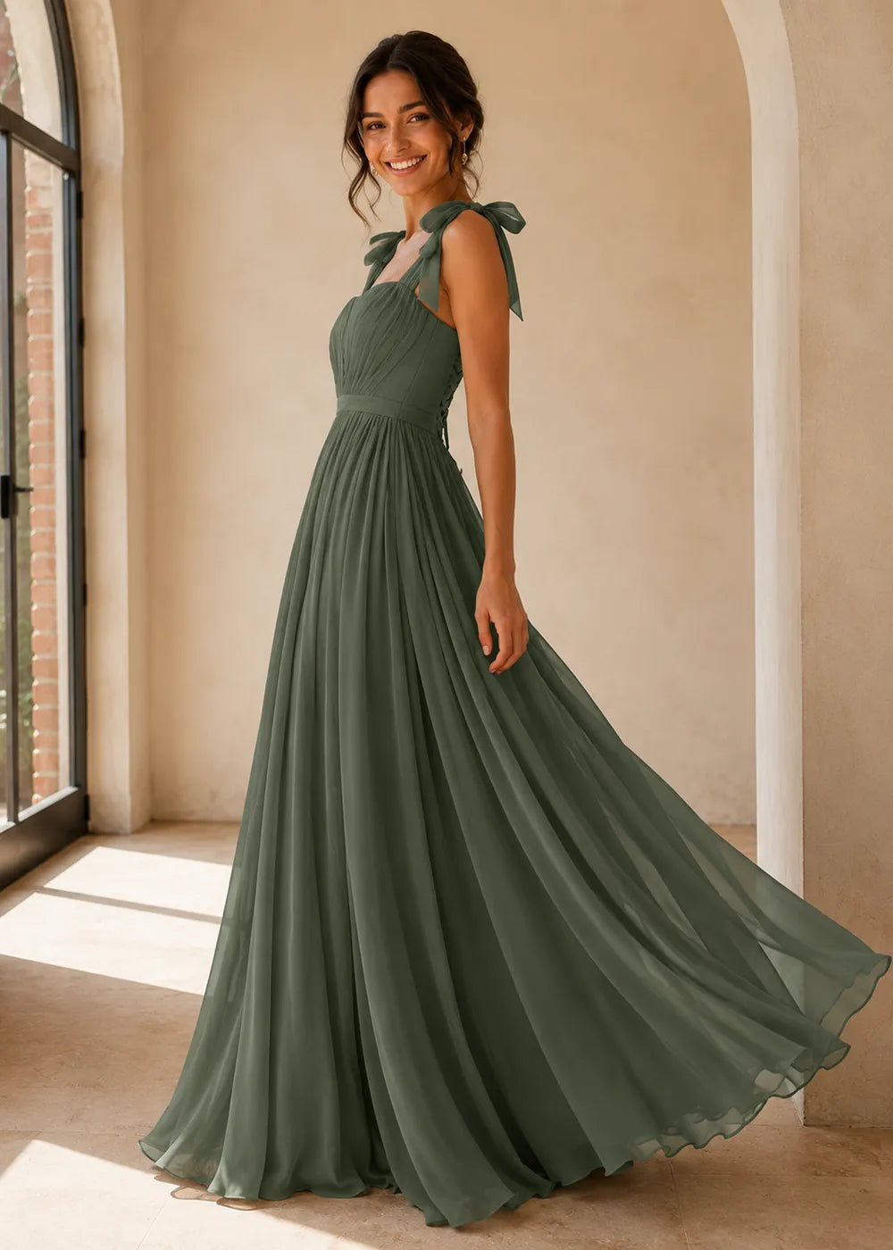 Aveline Tie-Shoulder Chiffon Formal Dress