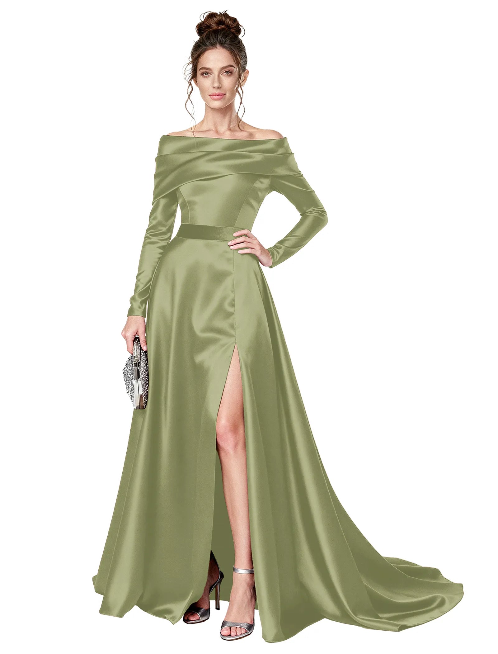 Off Shoulder Satin Formal Dress with Long Sleeves