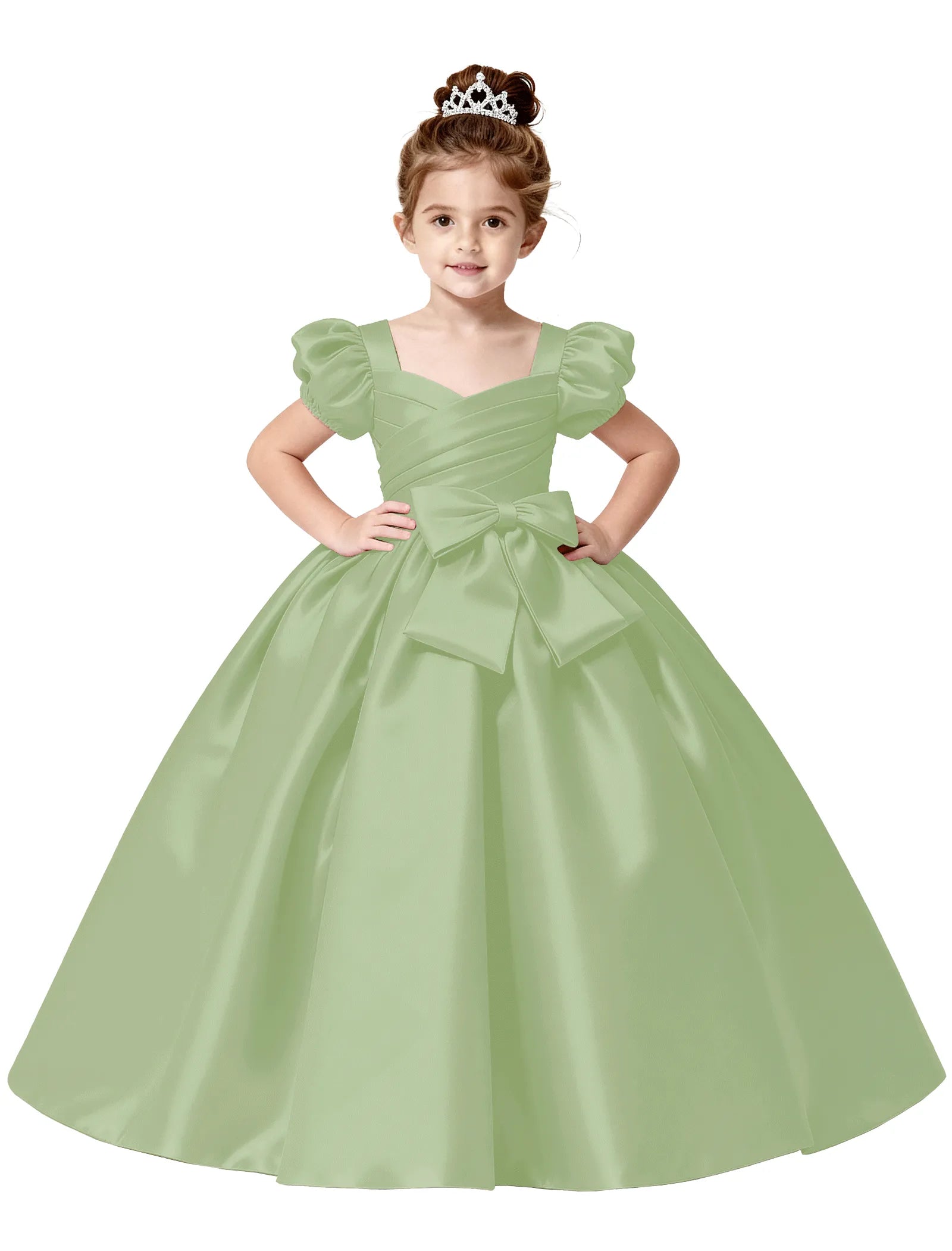 Royal Satin Puff Sleeve Flower Girl Gown