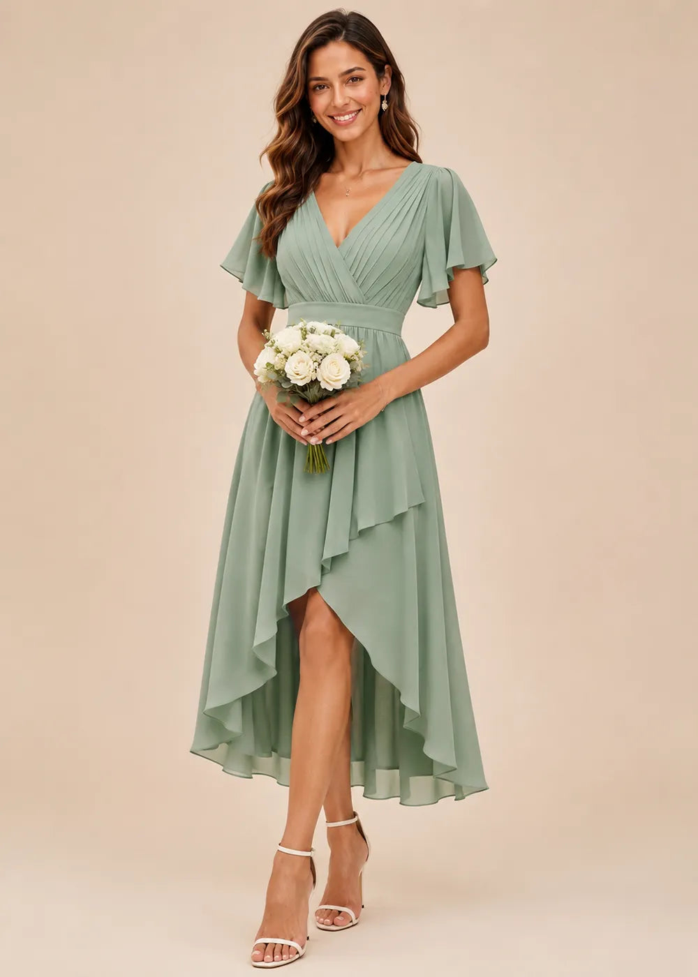 Flutter Sleeve A-Line Chiffon Midi Dress