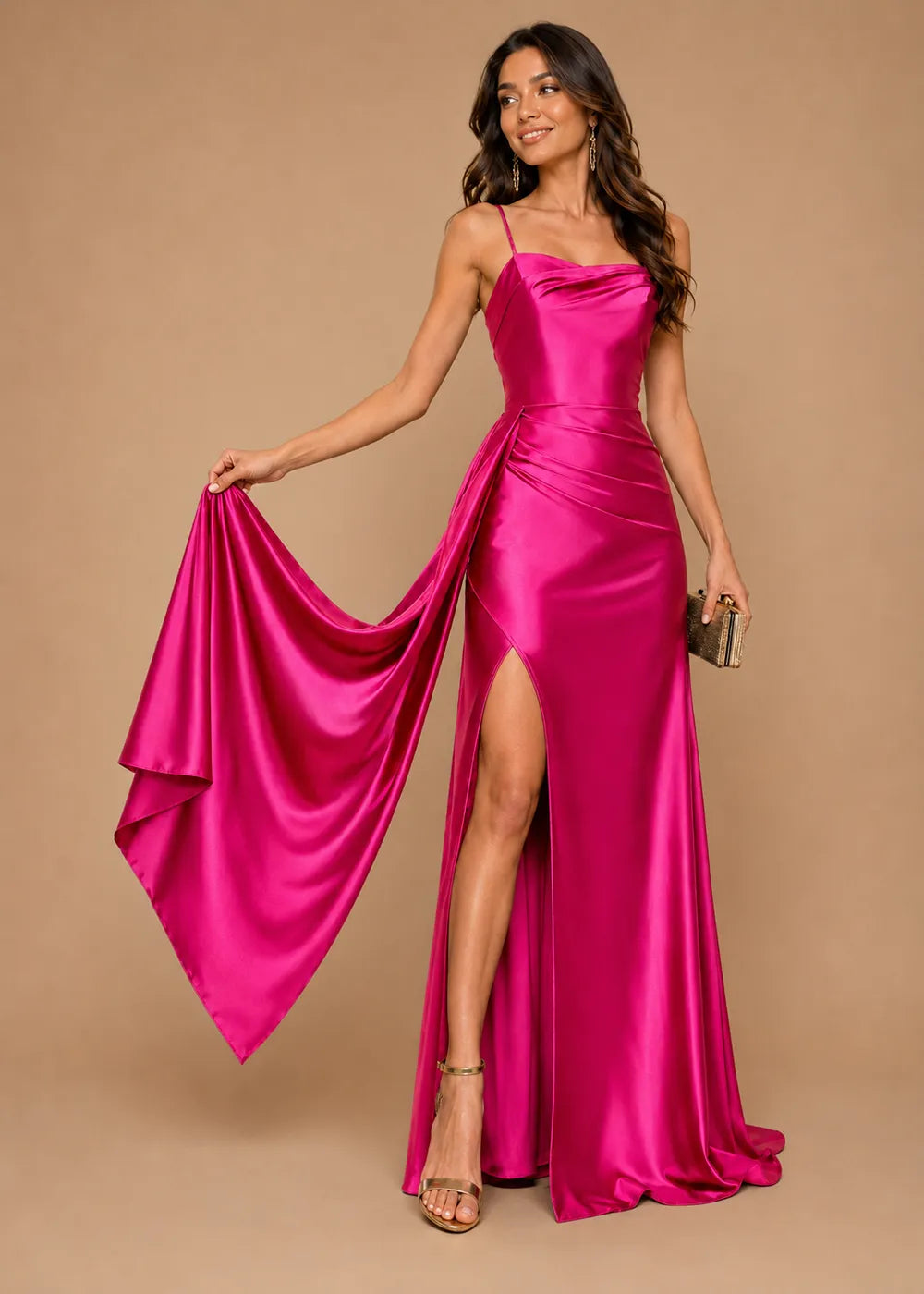 Elegant Satin Draped Panel Floor Length Evening Dress