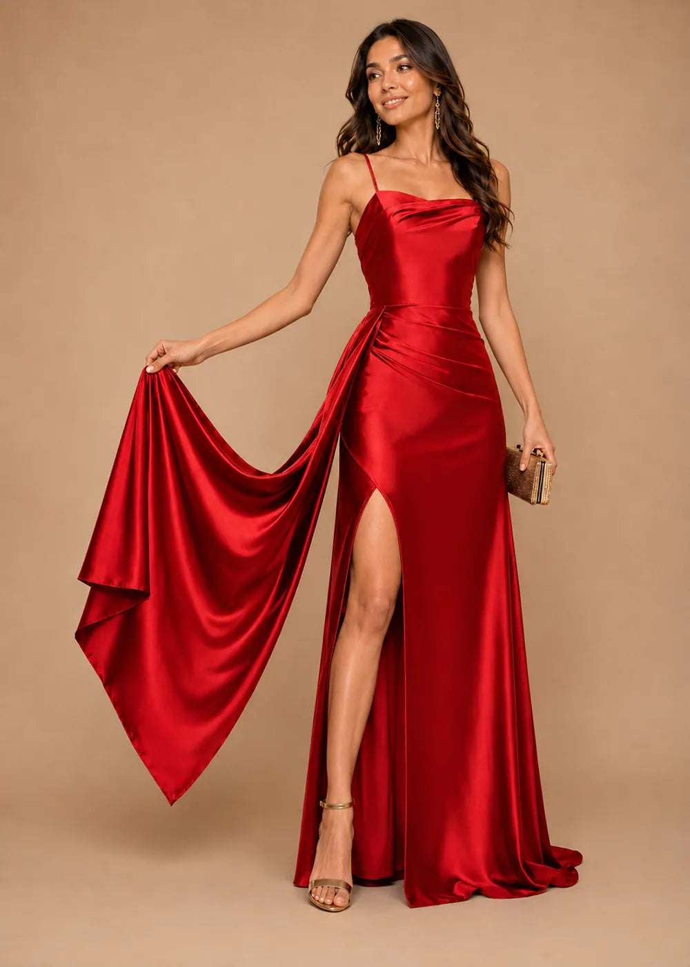 Elegant Satin Draped Panel Floor Length Evening Dress