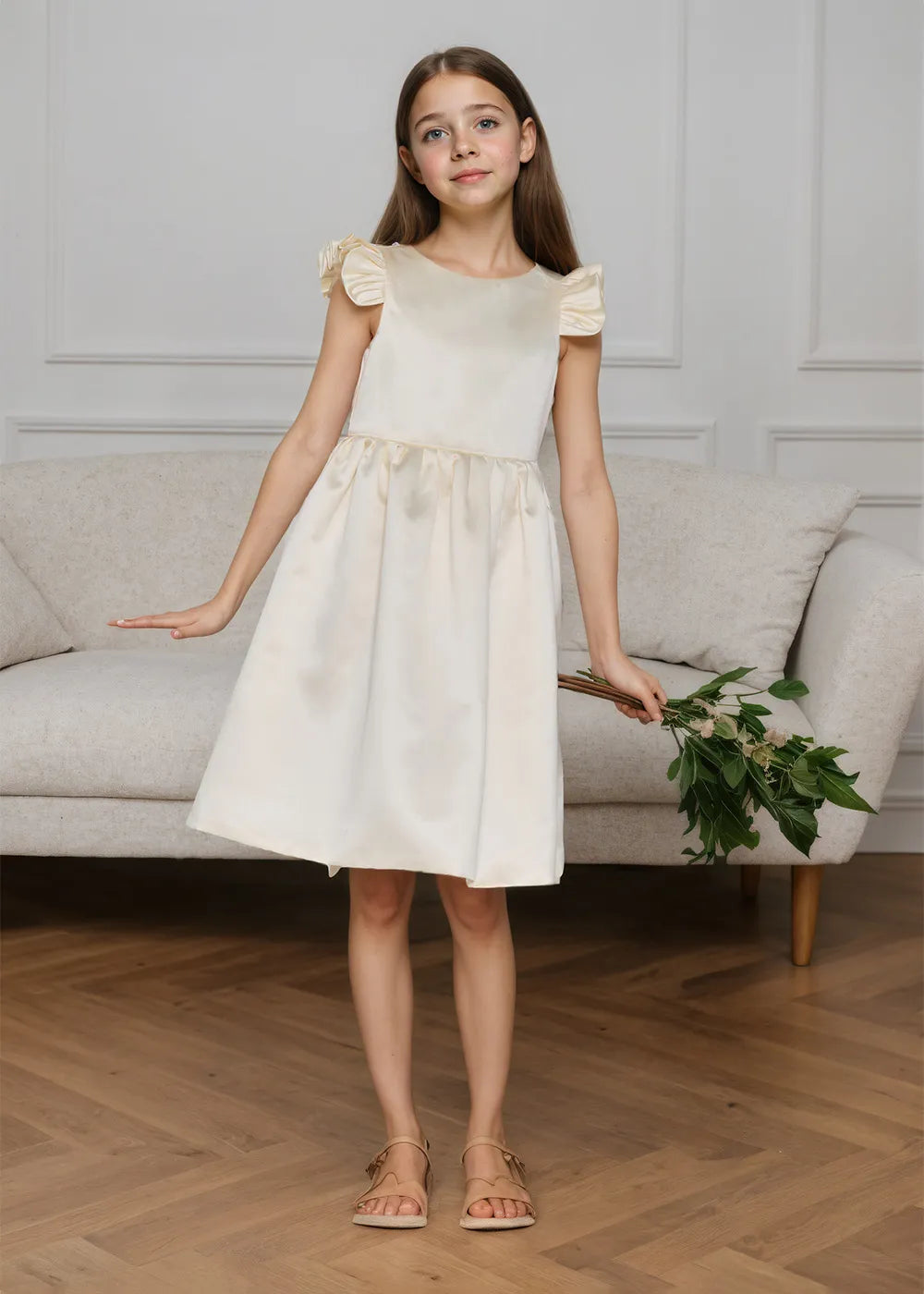 Ruffle Sleeve Satin Formal Dress with Pearl-Trimmed V Back