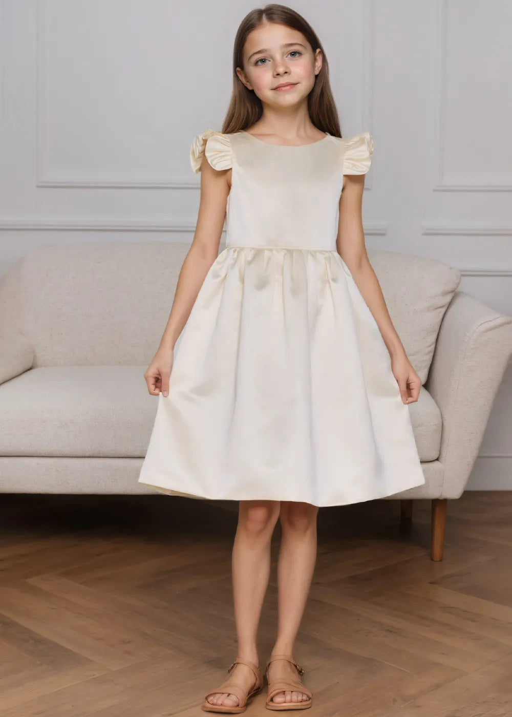 Ruffle Sleeve Satin Formal Dress with Pearl-Trimmed V Back