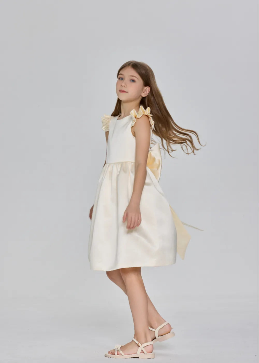Ruffle Sleeve Satin Formal Dress with Pearl-Trimmed V Back